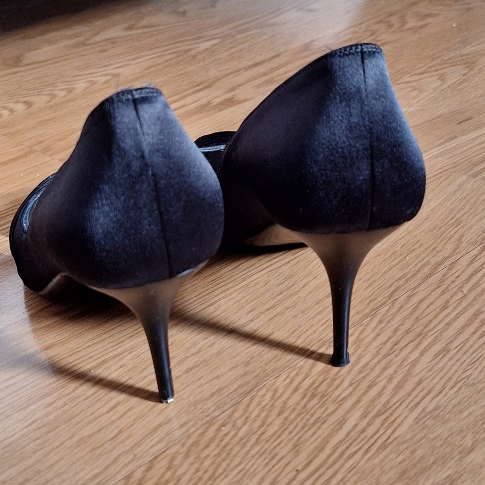 Salvatore Ferragamo "Societe" Black Satin Peep Toe Pumps - Size 11 B - Picture 6 of 15